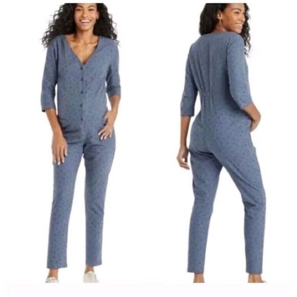 The Nines by Hatch Maternity Jumpsuit Womens Size M Cotton Blue Floral V Neck - Picture 1 of 7
